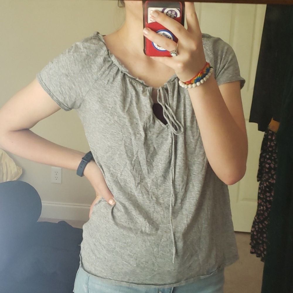 J. Crew grey ruffle tie neck top size S